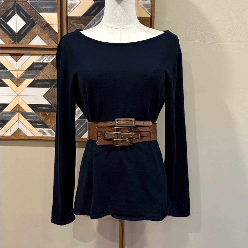 Vintage Ralph Lauren Collection Navy Blue Merino Wool Boat Neck Sweater size XL